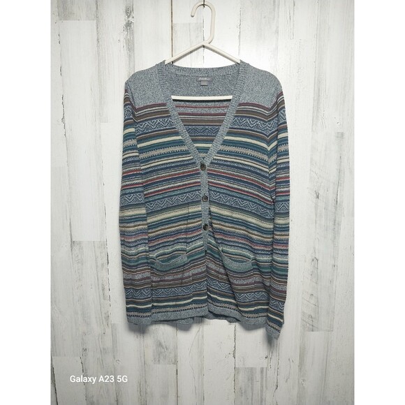 Eddie Bauer Cardigan Women L Multicolor Striped Cotton Lightweight Earthy Art - Picture 1 of 6